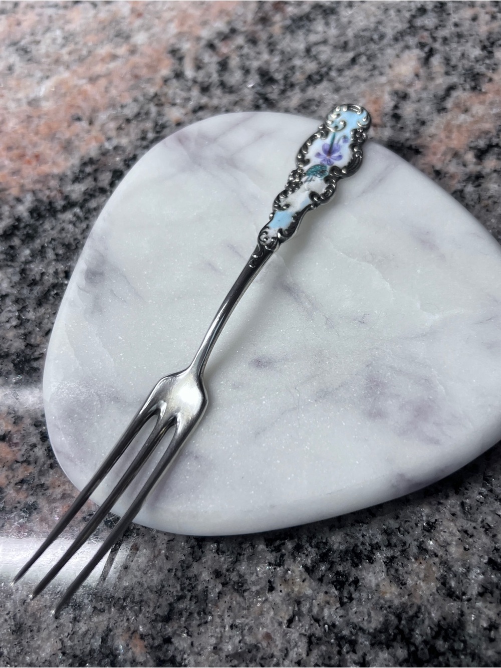 Rare Antique Sterling Enamel Fork, French Floral Plate & Sterling Salt Shaker